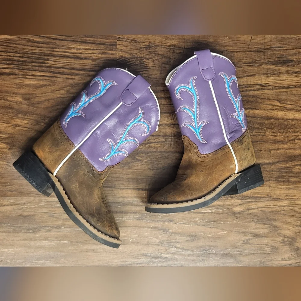 Girls Purple And Brown Old West Leather Cowgirl Boots Size  5.5 Western Cowgirl